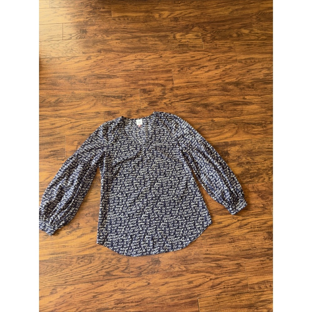 Cabi Ta Amo Love Blouse Womens  Navy Purple V Neck Balloon Long Sleeve Medium